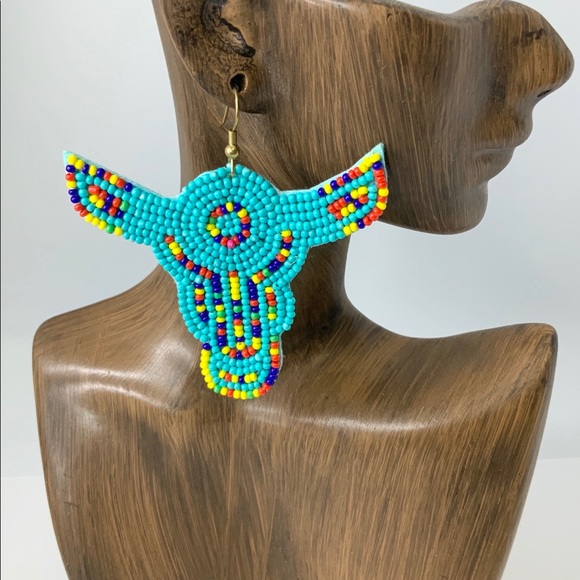 Steer Earrings Turquoise Western Beaded Cow Bull - Picture 5 of 7